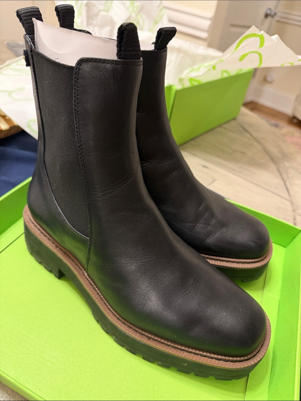 Sam Edelman Black Leather Chelsea Lug Booties with Contrast Welt
